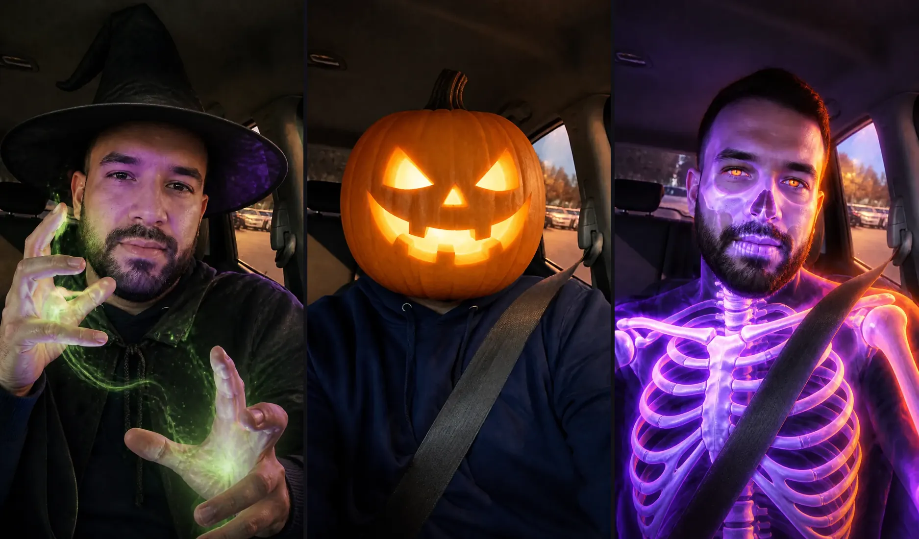 The same man as a witch with green sparks between his hands, with a glowing jack-o'-lantern for a head, and as a neon purple skeleton