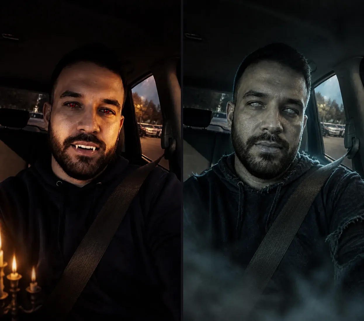 The same man as a vampire with fangs by candlelight, and as a grey-skinned zombie with clouded eyes in low fog