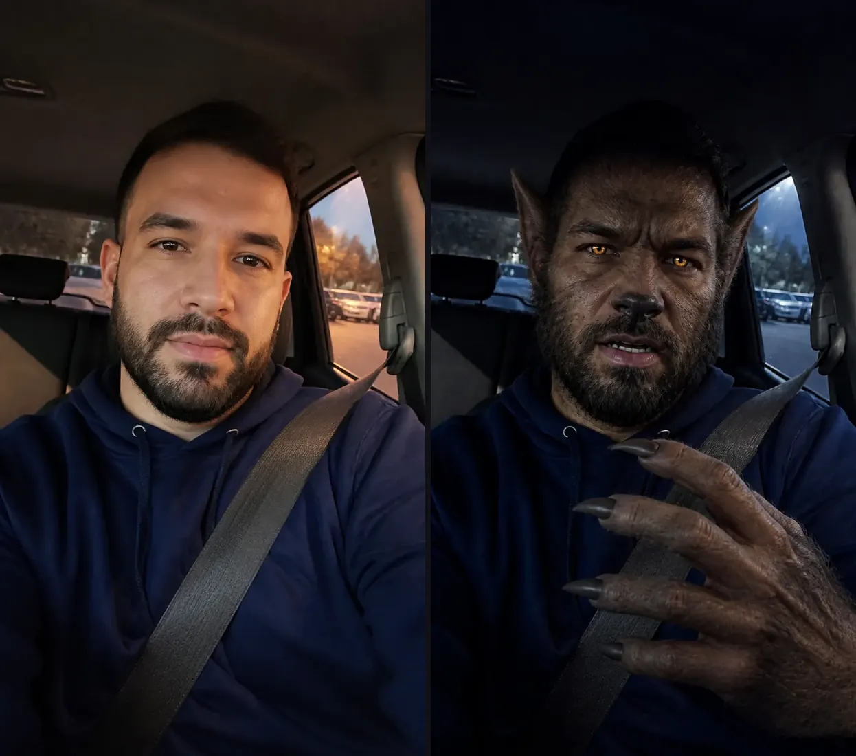 A bearded man's car selfie beside the same man as a werewolf with fur, pointed ears, amber eyes and clawed hands
