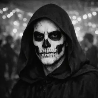 A party selfie of a person in skull face paint and a hood