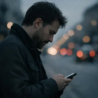 A person in side profile looking down at a phone