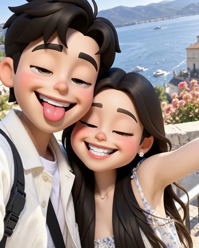Both caricatures blinking, eyes closed, still cheek to cheek