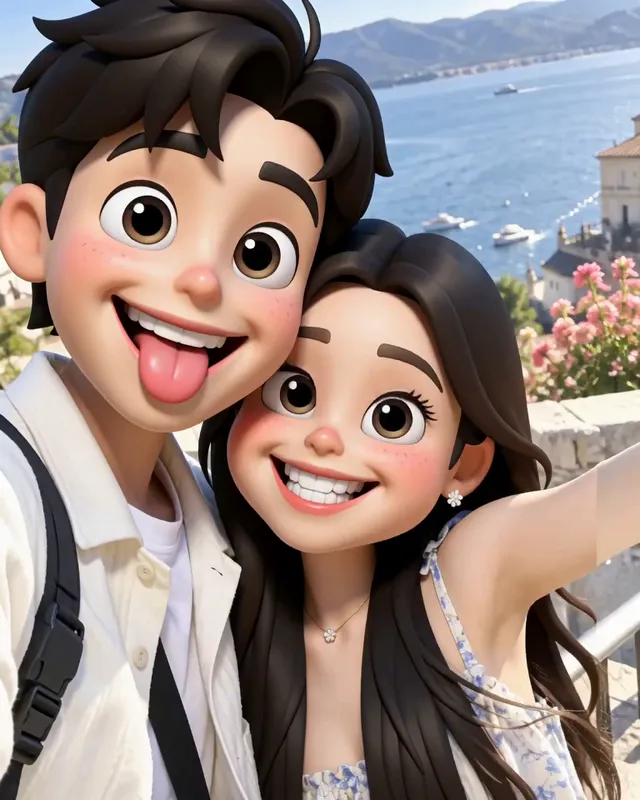 Both as 3D big-head caricatures: he pokes his tongue out and she grins, cheek to cheek by the sea