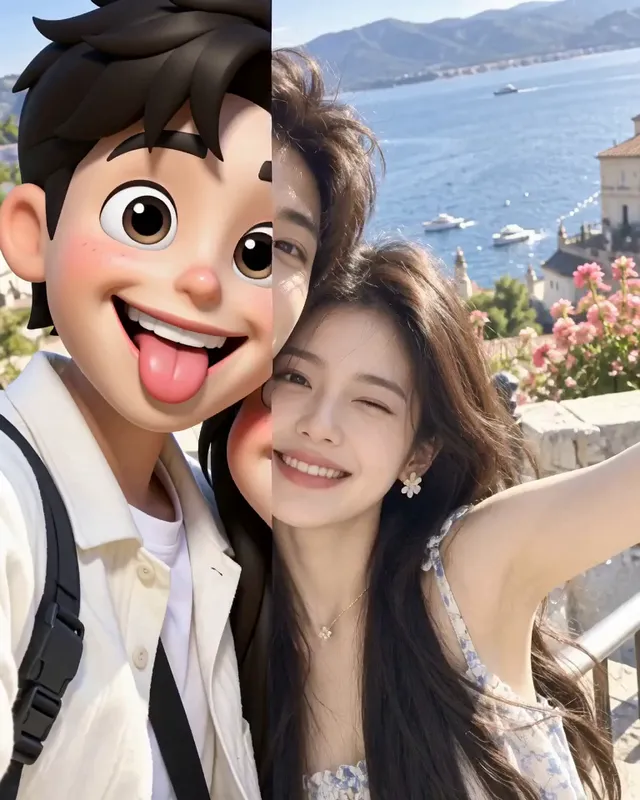 Mid-sweep: he is a 3D big-head caricature with his tongue out, she is still the real photo