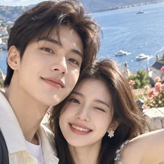 The couple's seaside selfie, cheek to cheek, that went into the video
