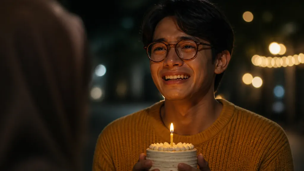 夜晚街头,戴圆框眼镜、穿芥末黄毛衣的男生捧着插着一根蜡烛的小蛋糕,笑着流泪。