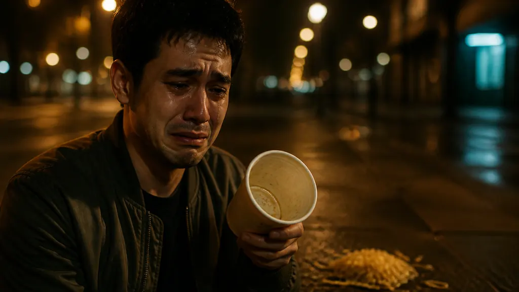 夜晚人行道上,穿橄榄色飞行夹克的男生拿着空面杯痛哭,面条洒在脚边。