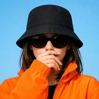 A woman in sunglasses and a low bucket hat with a hand over her mouth