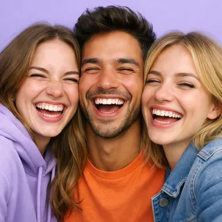 Three friends squeezed together cheek to cheek for a selfie