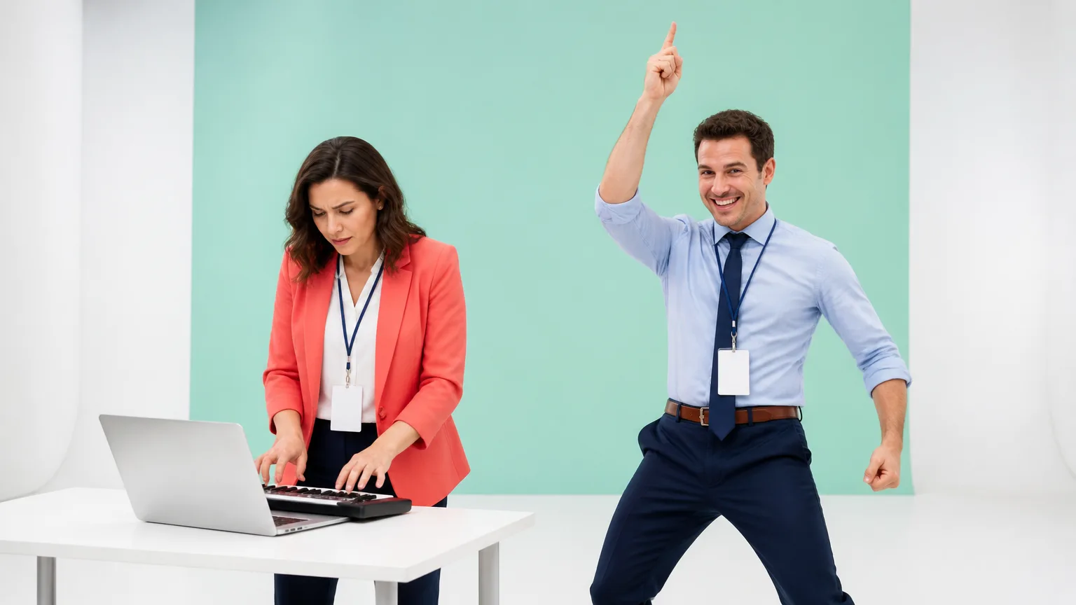 Two coworkers with lanyards in a white studio, one at a keyboard and one pointing at the ceiling mid-dance