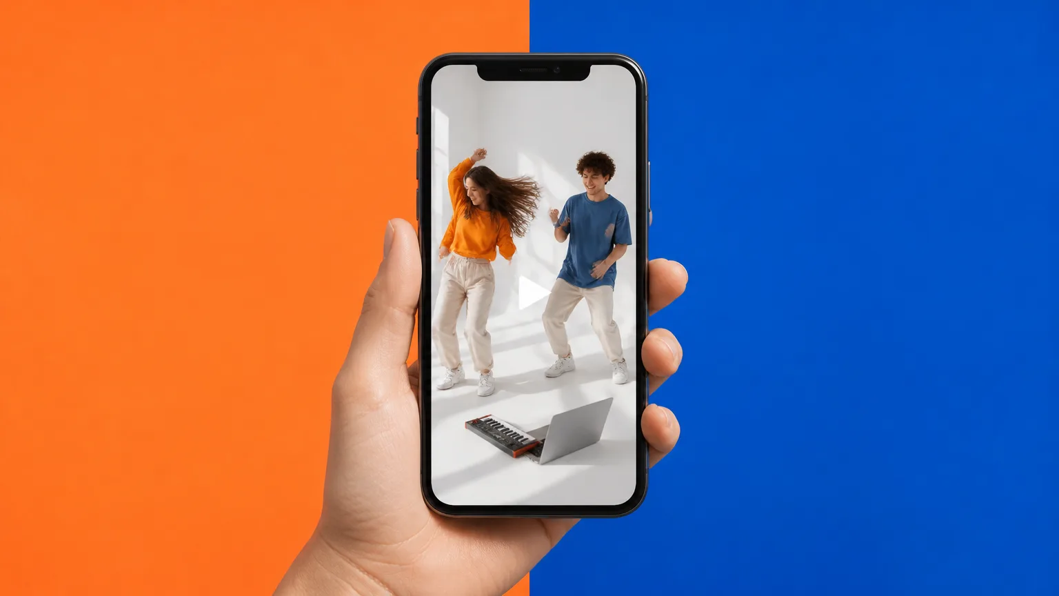 A hand holding a phone that plays a vertical video of two people dancing in a white studio