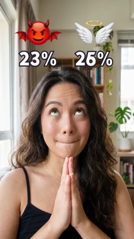 The woman looks up at the counters with her lips pressed, the devil at 23% and the angel at 26%
