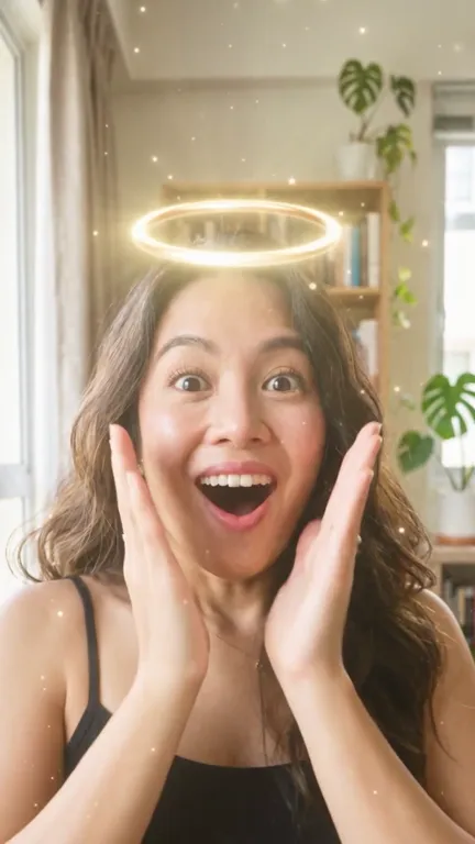 A glowing golden halo floats over the woman's head as she gasps with both hands on her cheeks