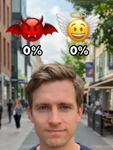First frame of a man on a city street, chest up and facing the camera, with a devil icon and an angel icon at 0% above his head