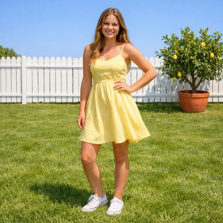 A woman in a yellow sundress standing on a sunny backyard lawn by a white picket fence