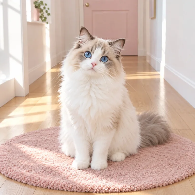 A fluffy white-and-cream Ragdoll cat sitting upright on a pink rug in a sunny hallway