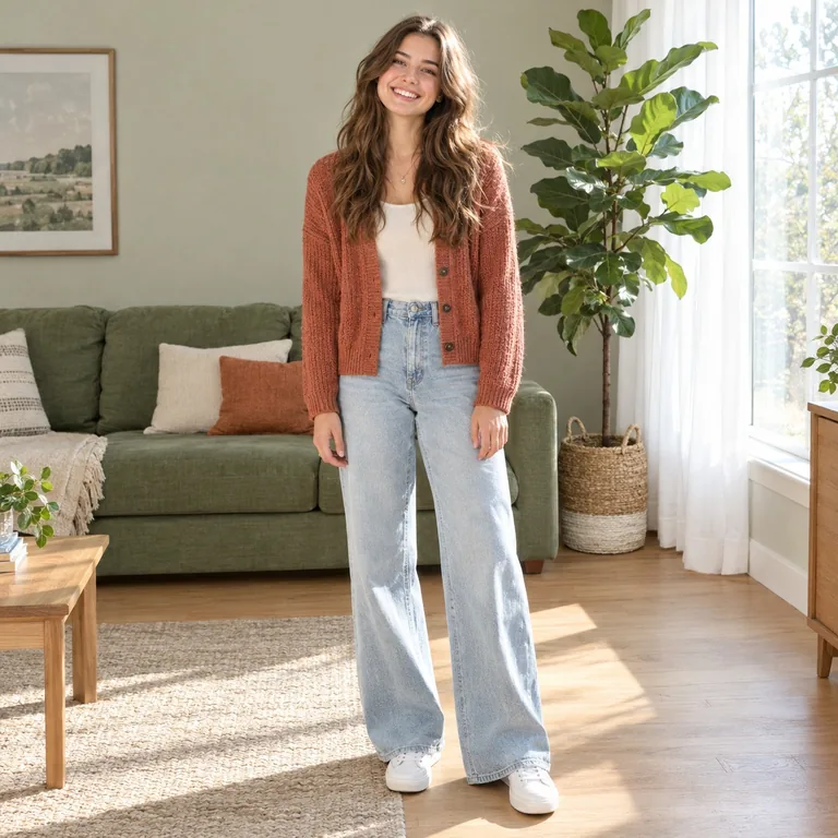 A woman in a terracotta cardigan and wide-leg jeans standing in a sunny living room