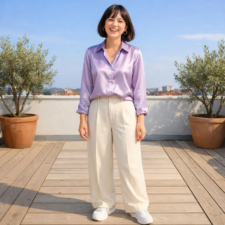 A woman with a dark-brown bob in a lilac satin shirt and cream trousers laughing on a sunny rooftop terrace
