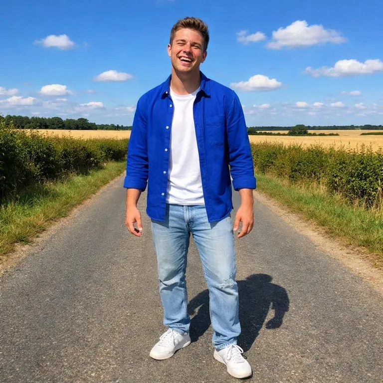 A man in a cobalt-blue overshirt standing on a country lane between hedges and wheat fields