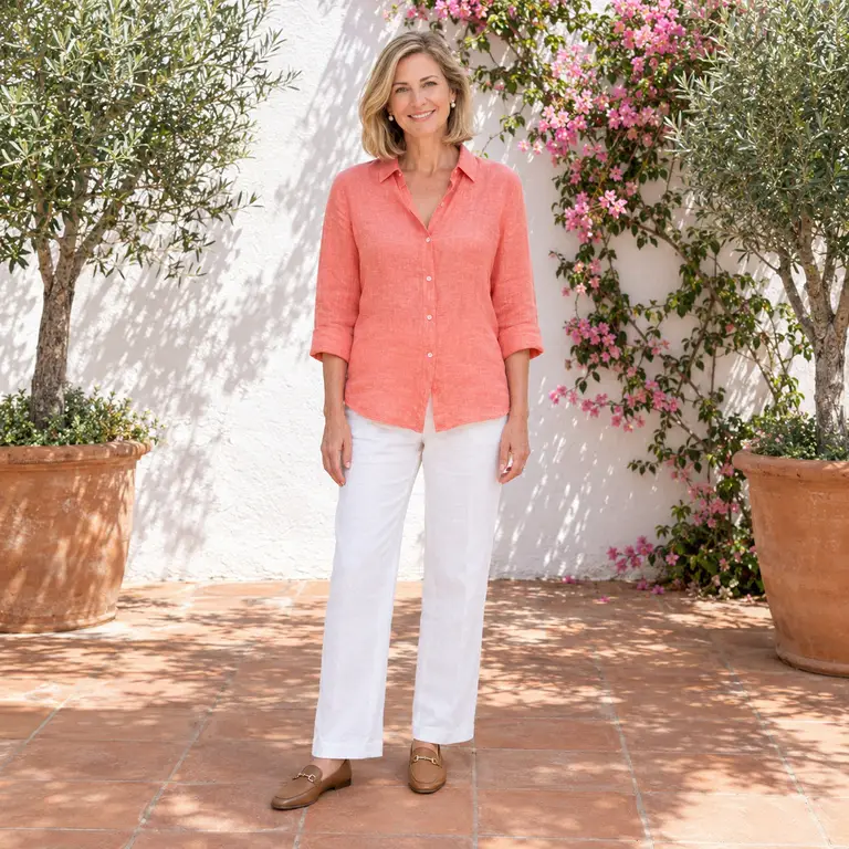 A woman in her fifties with a honey-blonde bob in a coral linen blouse and white trousers on a sunny garden patio