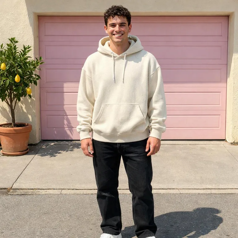 A young man with curly dark hair in a cream hoodie and black jeans in front of a pastel-pink garage door