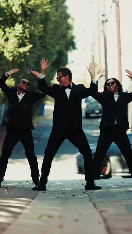 The three dancers in a wide stance with both arms raised in a big V