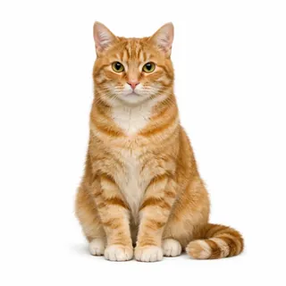 一只坐直的橘色虎斑猫,白色背景,爪子和尾巴可见