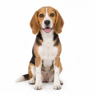 一只坐得笔直的比格犬,白色背景,从耳朵到爪子全身可见