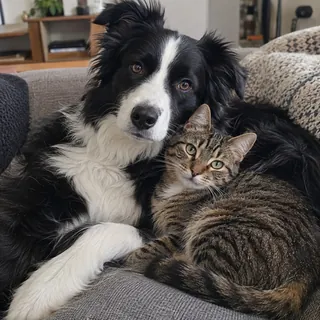 一只边境牧羊犬和一只虎斑猫依偎在沙发上
