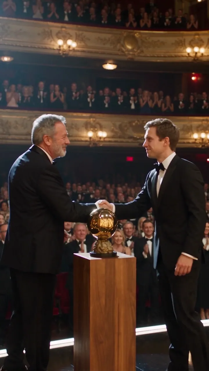 A golden ball trophy changes hands on stage between a presenter and the winner