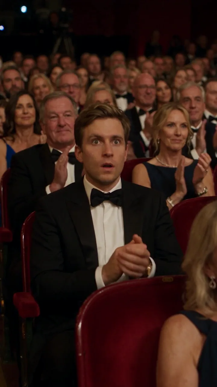 A gala audience seated in a dark hall, faces lit from the stage