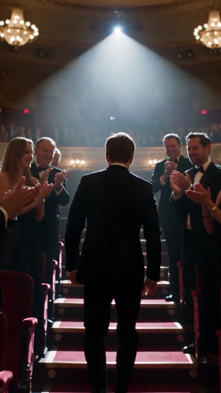A guest stands and turns out of the row of gala seats toward the bright aisle