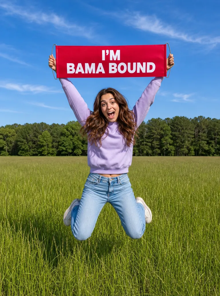 穿淡紫色卫衣的年轻女生在阳光草地上跳起,高举红色 I'M BAMA BOUND 横幅,开心地尖叫。