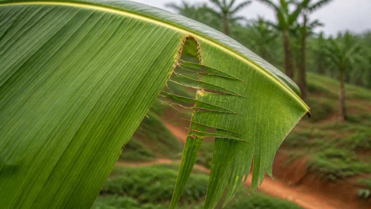 Close-up of a banana leaf torn into ragged strips along its veins, with a hillside and a red dirt path blurred behind