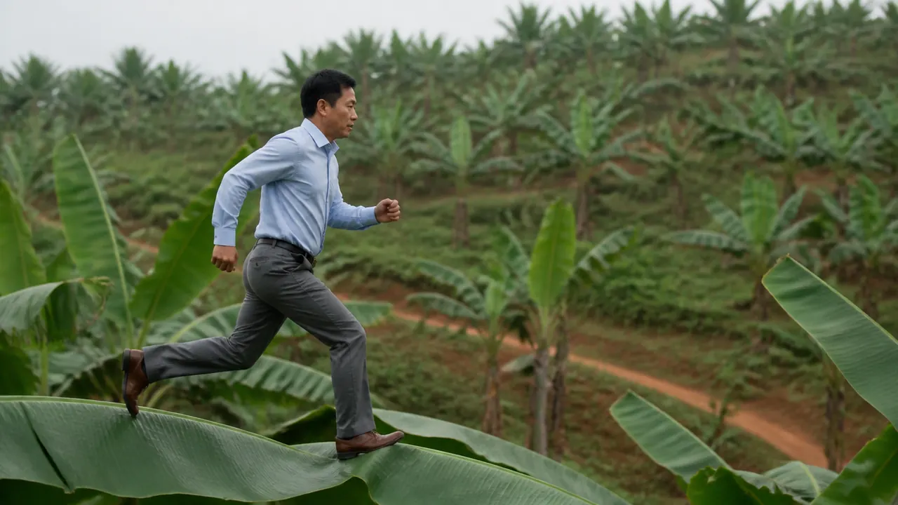 A man in a pale blue shirt, grey trousers and leather shoes runs across banana leaf tops on an overcast hillside, filmed side-on