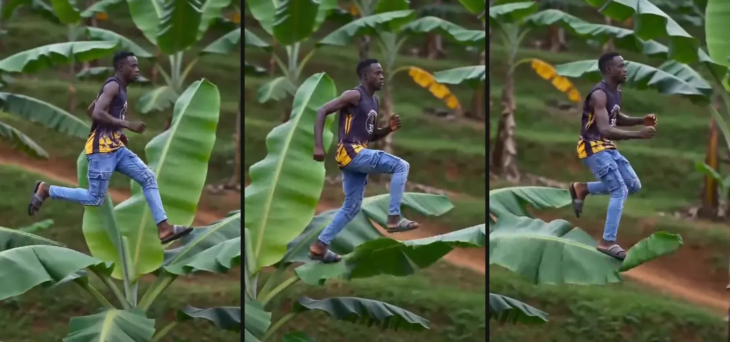 Three frames of the runner hopping from one banana tree crown to the next