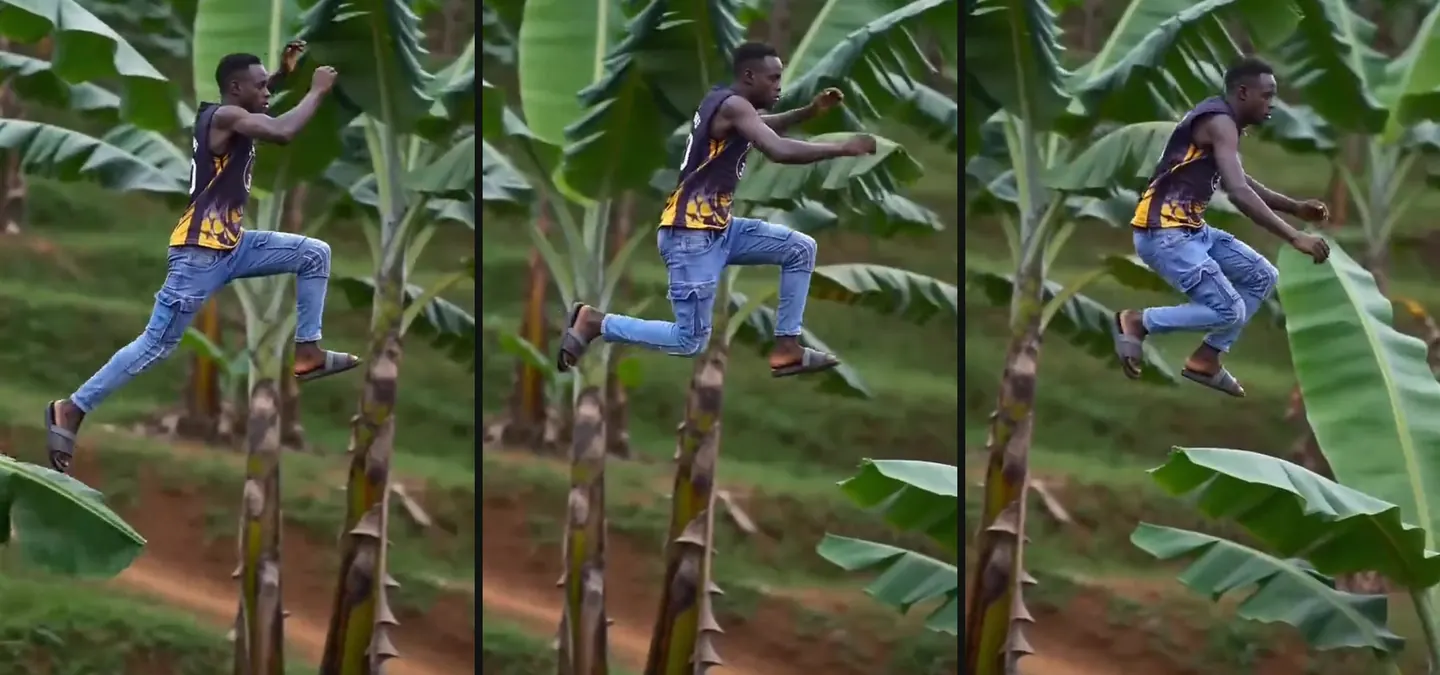 Three frames of the runner in a high leap, knees up and arms forward, above tall banana stems