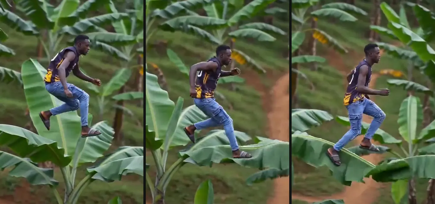 Three frames of the runner crossing above a winding red dirt path between banana trees