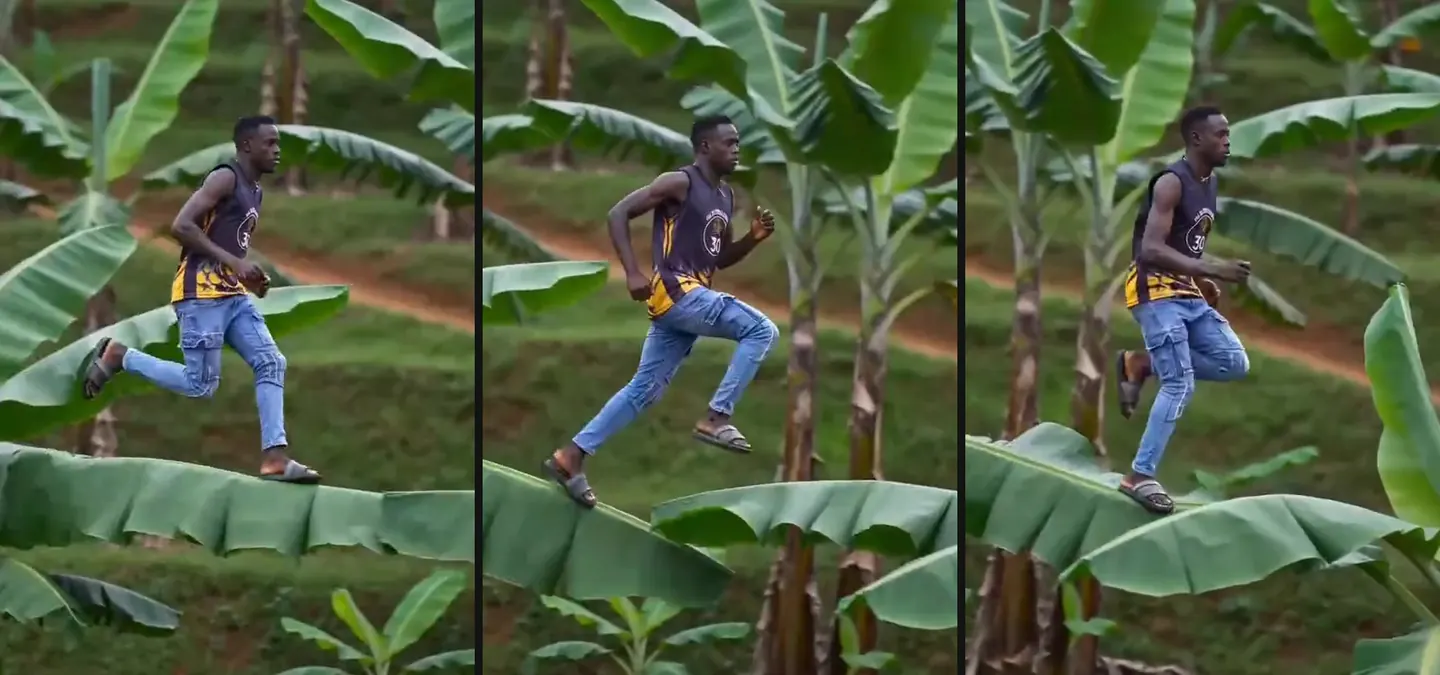 Three frames of a runner sprinting side-on along broad banana leaves above a terraced hillside