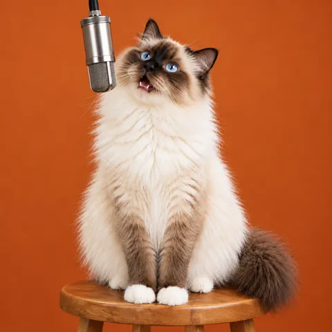 The same cat on a wooden stool in an orange studio, looking up at a hanging silver mic