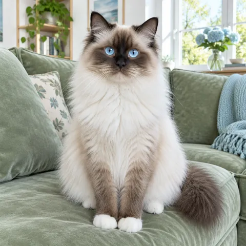 Fluffy Ragdoll cat with blue eyes sitting up on a sage-green sofa