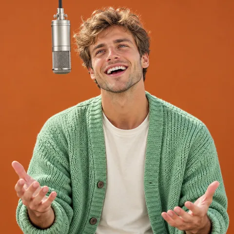 The same man under a hanging mic in an orange studio, singing with both palms open