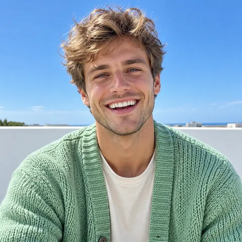 Young man with tousled blond hair in a mint-green cardigan, laughing on a sunny rooftop
