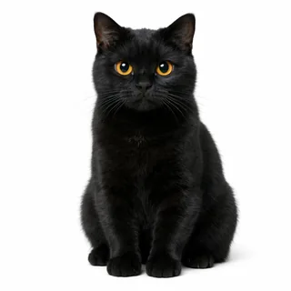 A black cat sitting in bright, even light with its amber eyes clearly visible