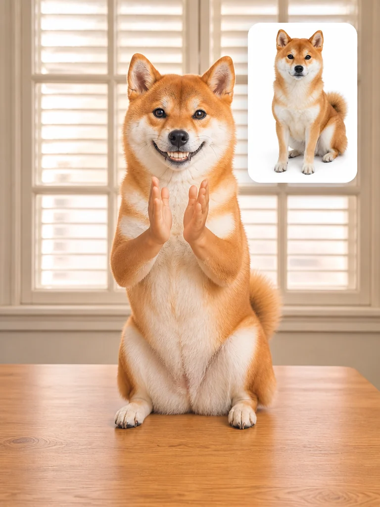一只柴犬坐直在木桌上,咧嘴笑着用小人手鼓掌,角落是它的白底原照