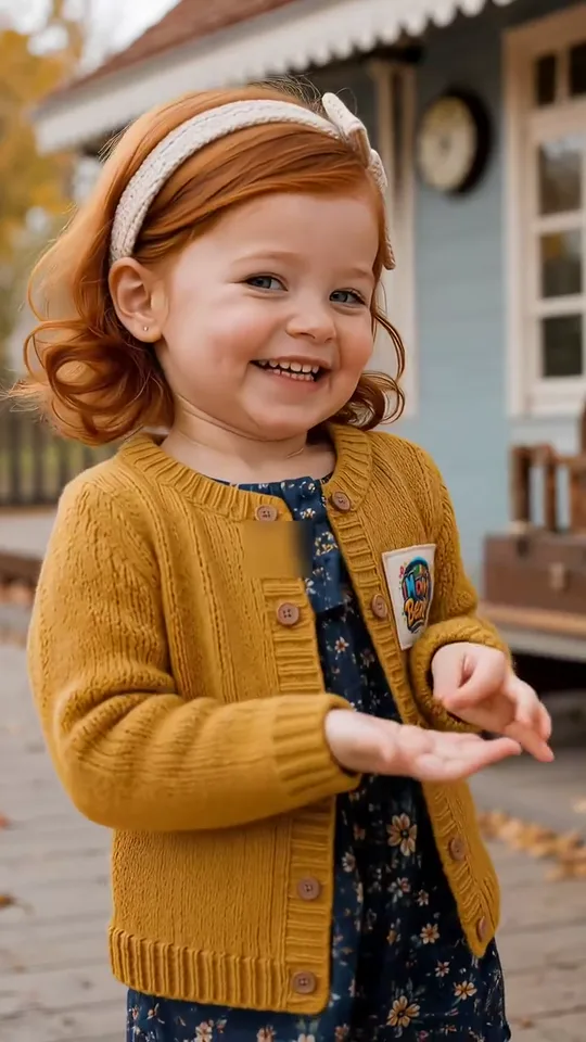 The girl holds an imaginary small cup at waist height with one folded hand and sways on the porch