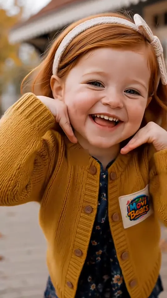 The girl cups both cheeks in her hands and laughs into the camera, leaning forward