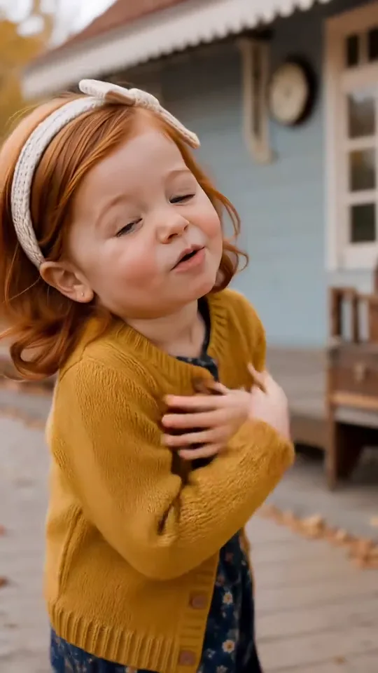 The girl opens her arms, turns sideways and steps back along the wooden porch