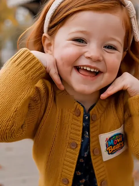 A young girl on a wooden porch, hands at her cheeks, head to waist, autumn light