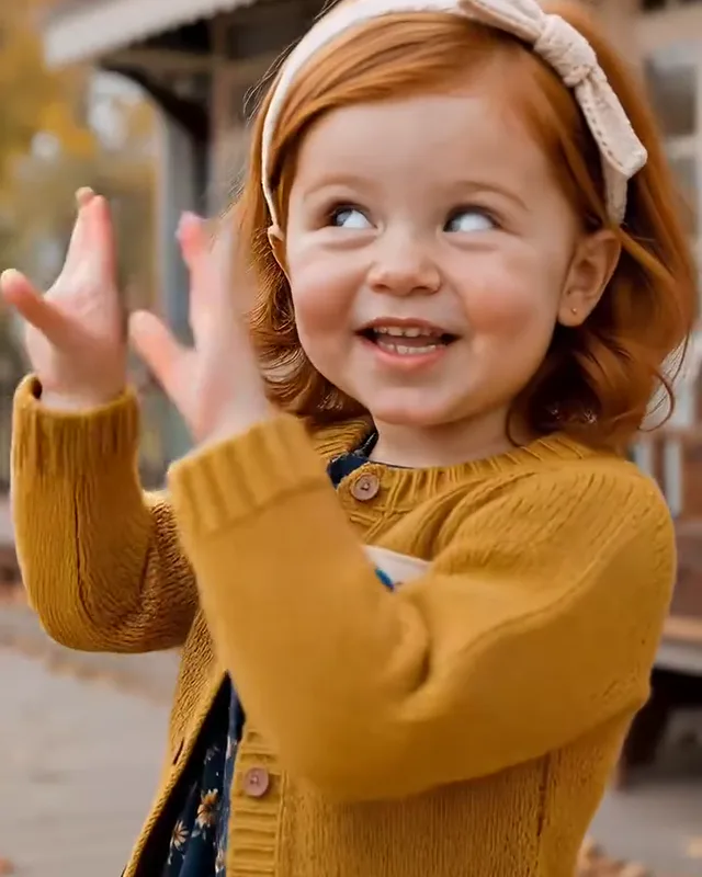 The girl lifts both hands next to her face and grins at the camera in afternoon light